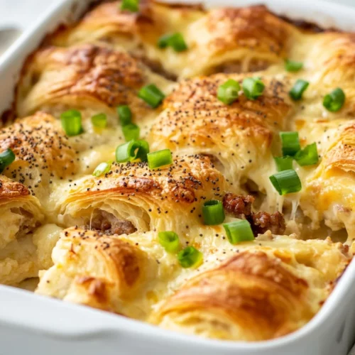 Cheesy Croissant Breakfast Casserole: A Make-Ahead Favorite 3 Golden Croissant Breakfast Casserole In A White Ceramic Dish, Topped With Melted Cheese, Green Onions, And Everything Bagel Seasoning.