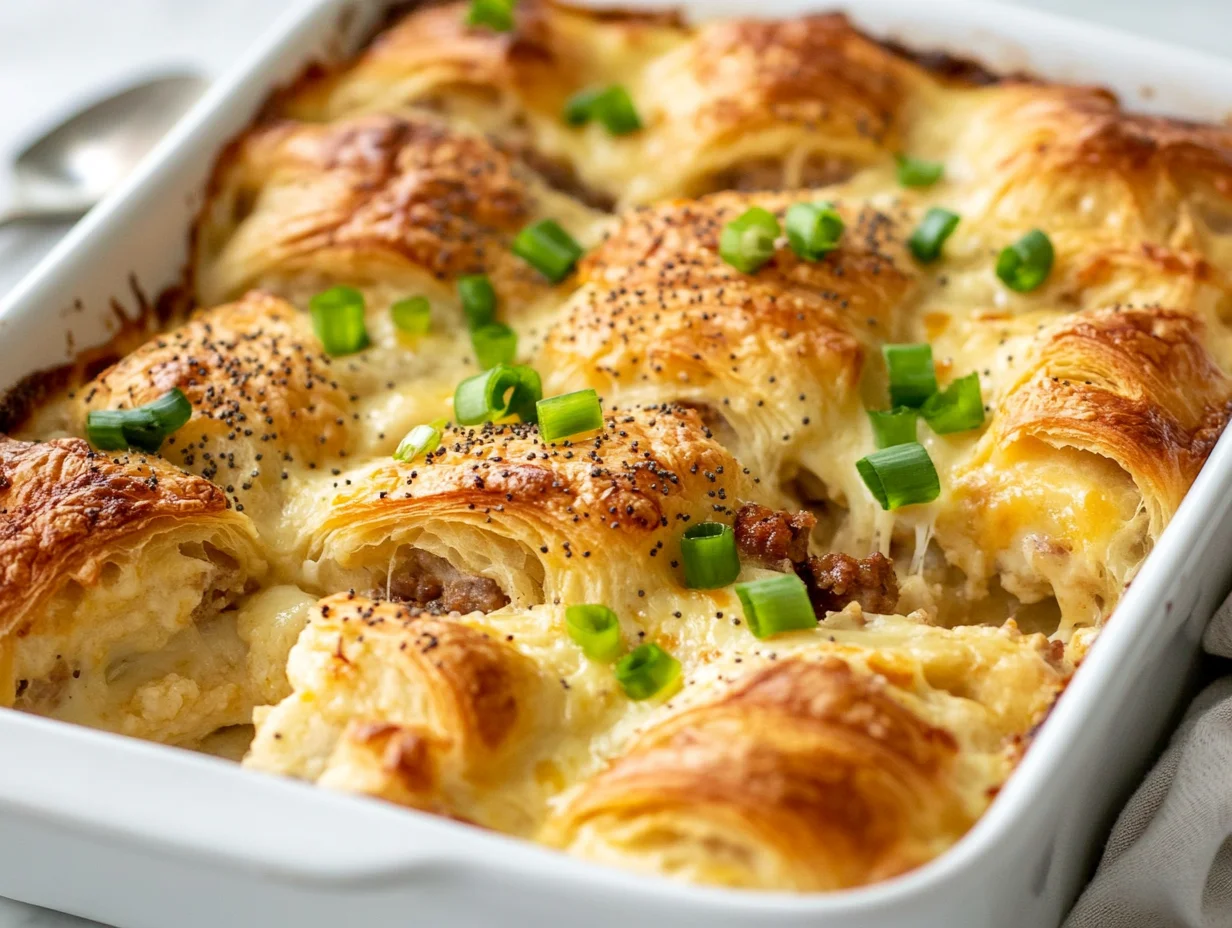 Golden Croissant Breakfast Casserole In A White Ceramic Dish, Topped With Melted Cheese, Green Onions, And Everything Bagel Seasoning.