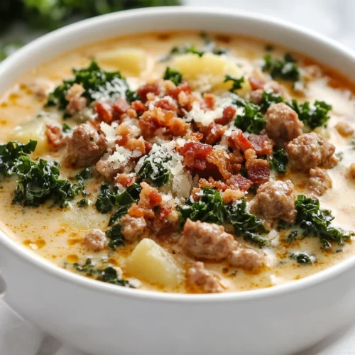 Creamy Olive Garden Zuppa Toscana Soup In A White Bowl With Potatoes, Sausage, Kale, Bacon, And Parmesan On A Clean Surface