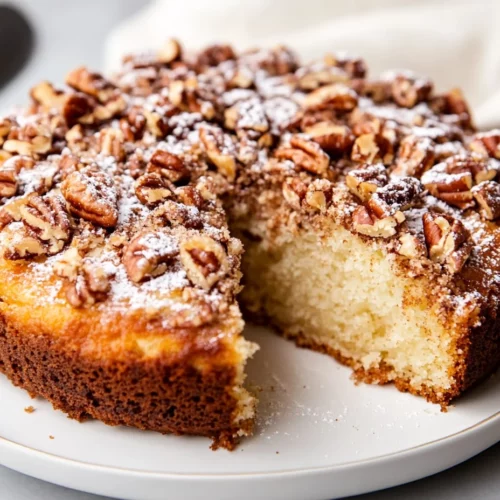 Golden Pecan Sour Cream Coffee Cake With Crumb Topping And Powdered Sugar On A White Plate, Cozy, Warm Lighting