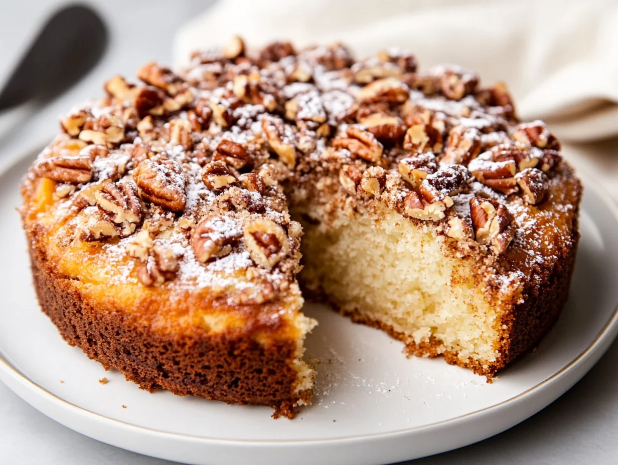 Golden Pecan Sour Cream Coffee Cake With Crumb Topping And Powdered Sugar On A White Plate, Cozy, Warm Lighting