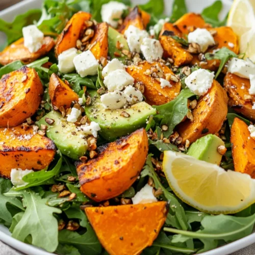 Easy And Delicious Roasted Sweet Potato Salad With Tahini Dressing 3 Roasted Sweet Potato Salad With Arugula, Avocado, Feta, Tahini Dressing, Lemon Wedge, And Pepitas On A White Platter