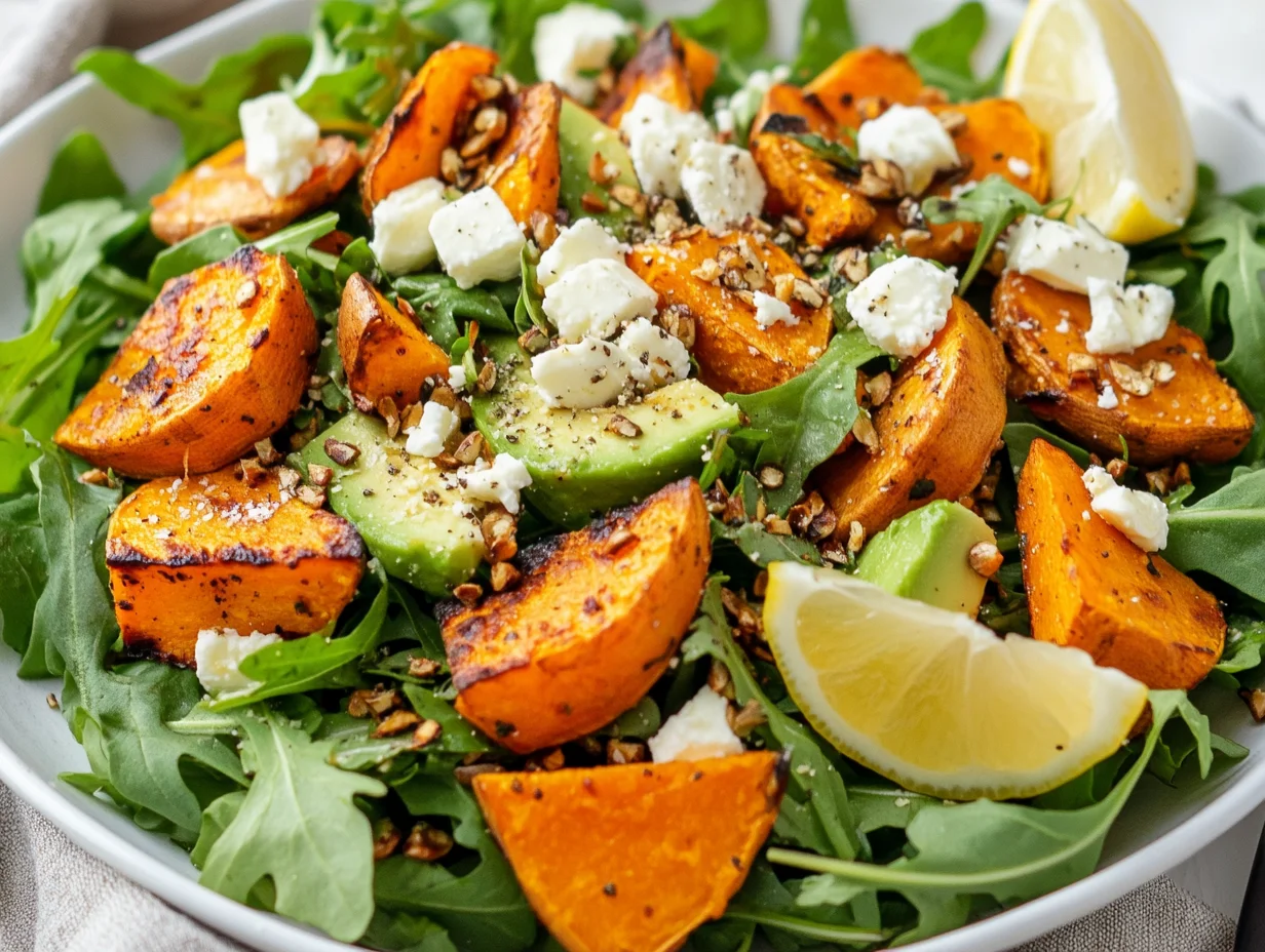 Roasted Sweet Potato Salad With Arugula, Avocado, Feta, Tahini Dressing, Lemon Wedge, And Pepitas On A White Platter