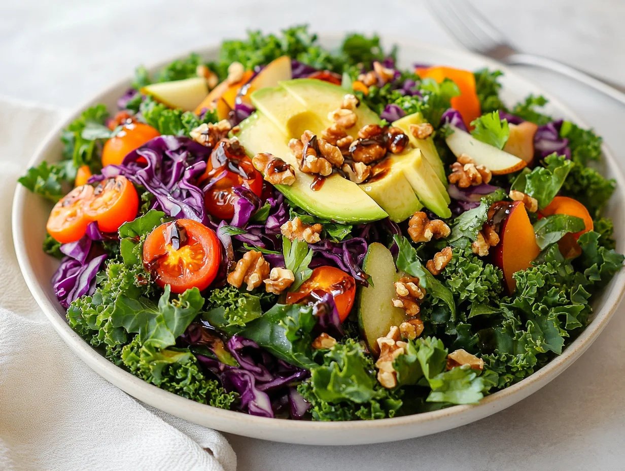 Fresh Winter Green Salad With Balsamic Dressing In A White Bowl, Topped With Pears, Avocado, Cherry Tomatoes, And Walnuts