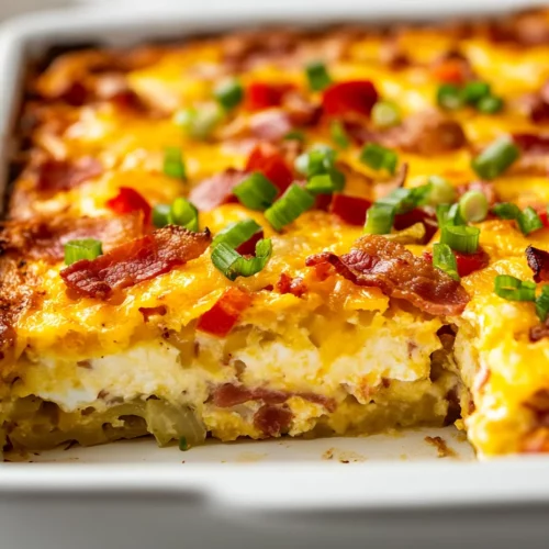 Freshly Baked American Breakfast Casserole With Bacon And Cheese Served In A White Dish, Garnished With Green Onions.