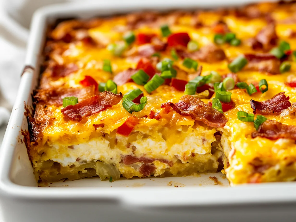 Freshly Baked American Breakfast Casserole With Bacon And Cheese Served In A White Dish, Garnished With Green Onions.