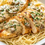 Creamy Angel Chicken Pasta Served In A White Bowl, Topped With Fresh Parsley On A Wooden Table