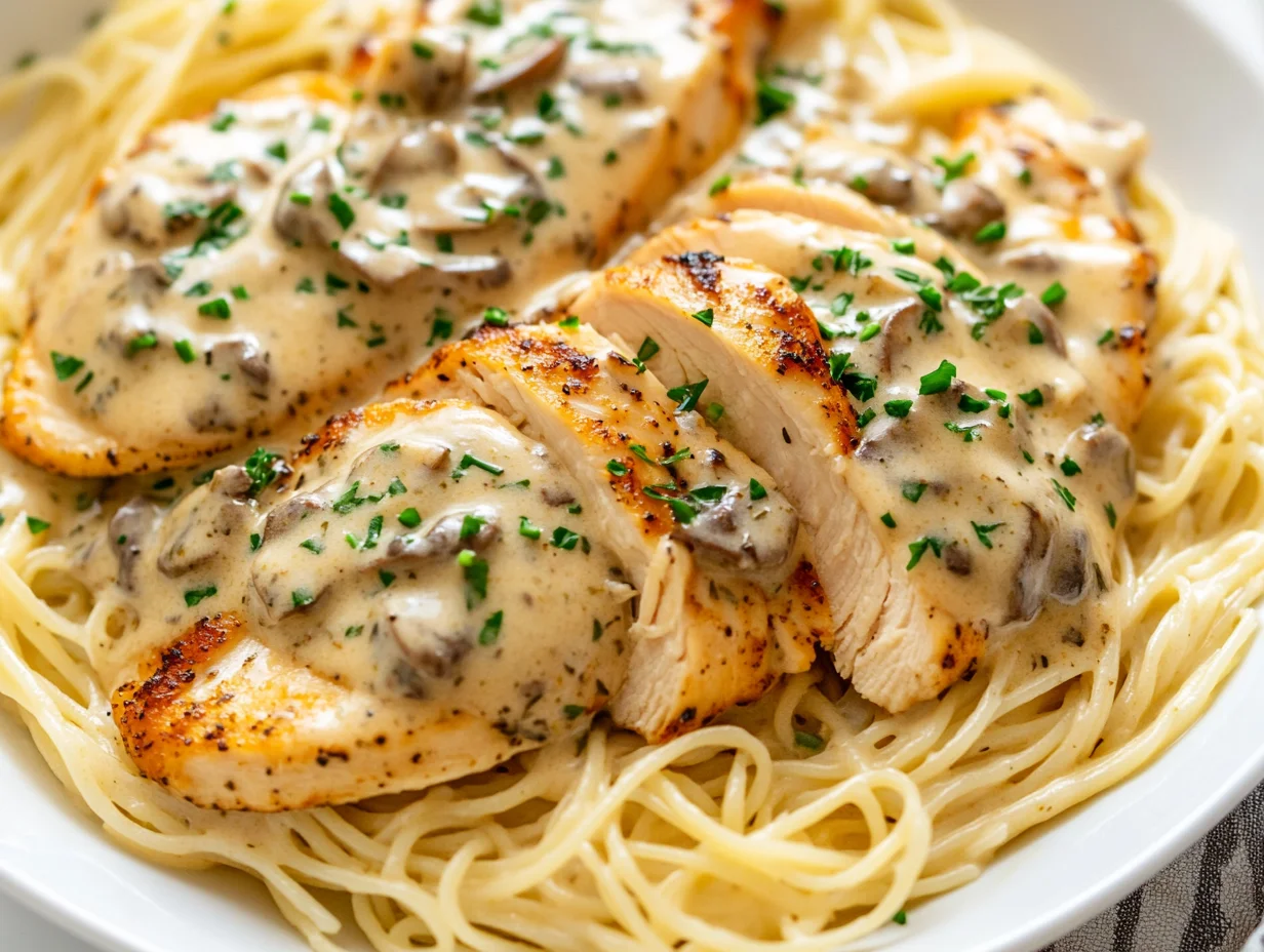 Creamy Angel Chicken Pasta Served In A White Bowl, Topped With Fresh Parsley On A Wooden Table