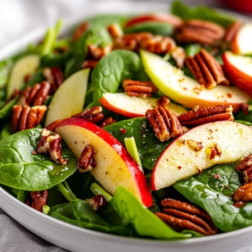 Vibrant Apple Spinach Salad With Toasted Pecans And Italian Dressing Served In A White Bowl