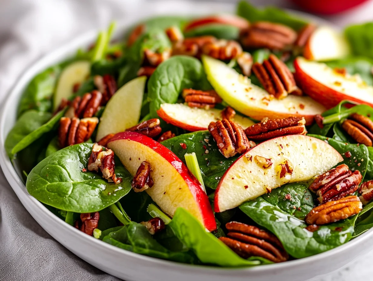 Vibrant Apple Spinach Salad With Toasted Pecans And Italian Dressing Served In A White Bowl