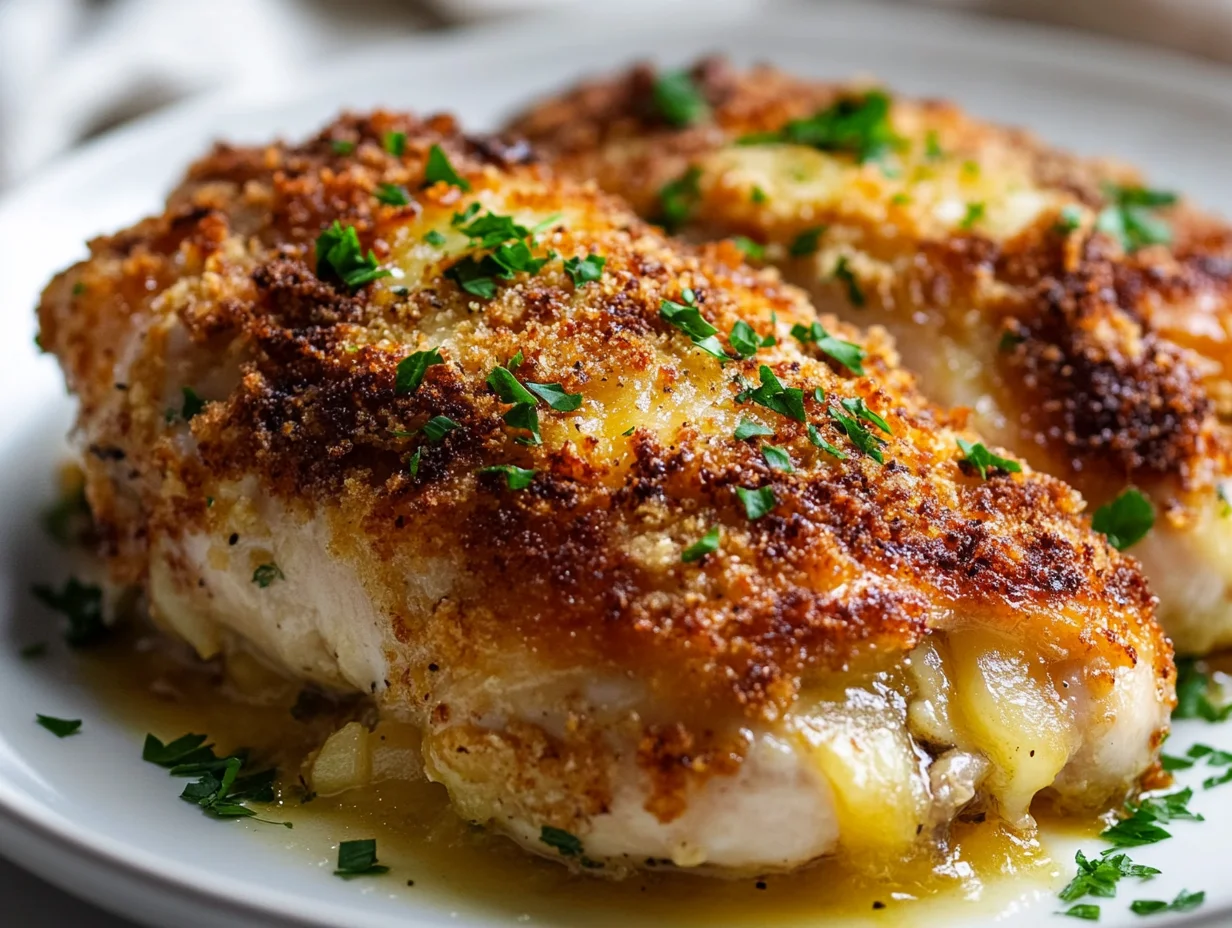 Delicious Apple Stuffed Chicken On A White Plate, Garnished With Parsley And Crispy Breadcrumbs
