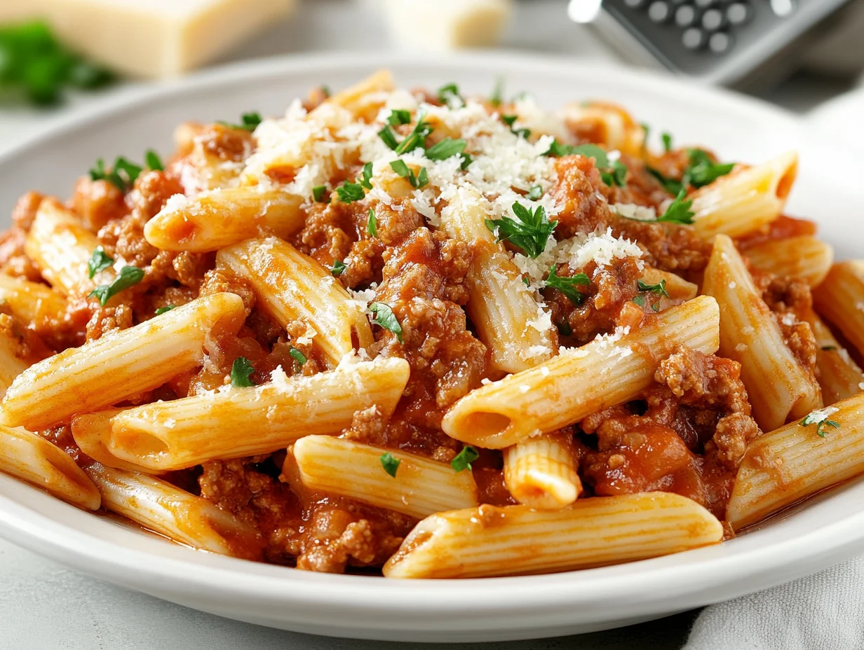 Plate Of Authentic Pasta Bolognese With Parmesan And Parsley On A White Plate, Tender Penne Pasta Coated In Rich Meat Sauce