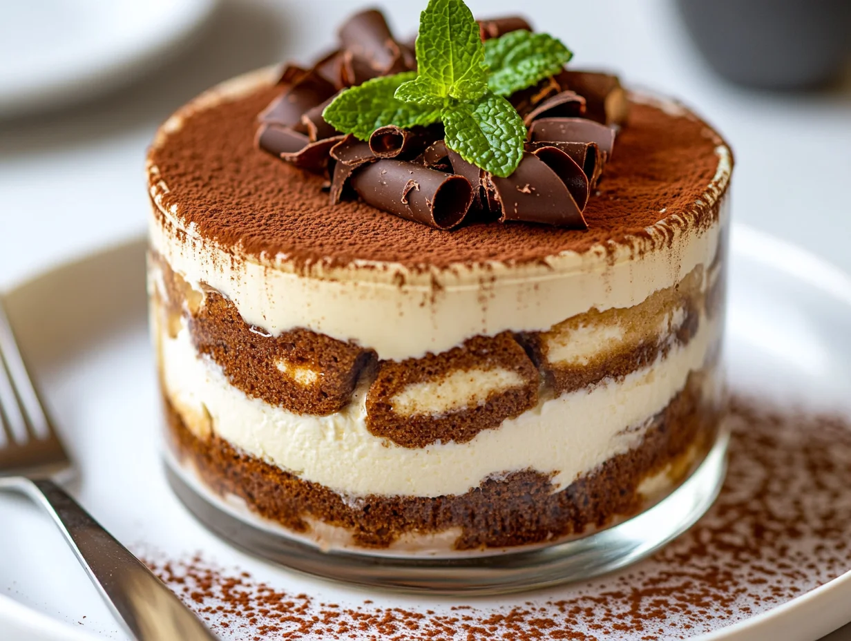 Creamy Authentic Tiramisu Layered In A Glass Dish, Dusted With Cocoa And Garnished With Chocolate Shavings And Mint