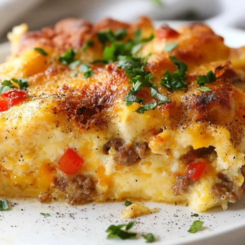 The Best Bagel Breakfast Casserole Recipe With Sausage, Egg, And Cheese 3 Delicious Bagel Breakfast Casserole Topped With Melted Cheese And Fresh Parsley On A White Dish