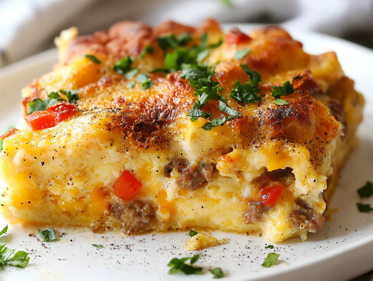 Delicious Bagel Breakfast Casserole Topped With Melted Cheese And Fresh Parsley On A White Dish