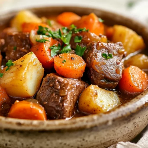 The Best Baked Beef Stew For Comfort Food Lovers 3 Bowl Of Baked Beef Stew Filled With Tender Beef, Carrots, And Potatoes, Garnished With Parsley On A Rustic Table.