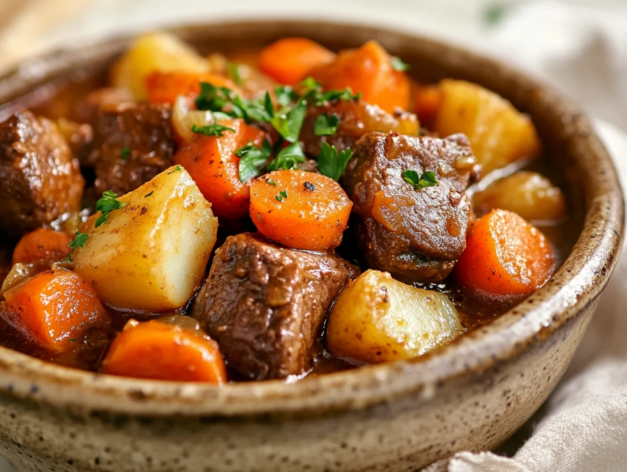 Bowl Of Baked Beef Stew Filled With Tender Beef, Carrots, And Potatoes, Garnished With Parsley On A Rustic Table.