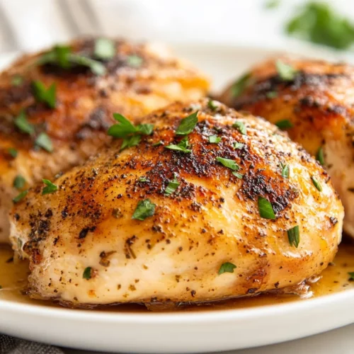 Baked Chicken Breasts On A White Plate, Garnished With Fresh Herbs And Drizzled With Sauce