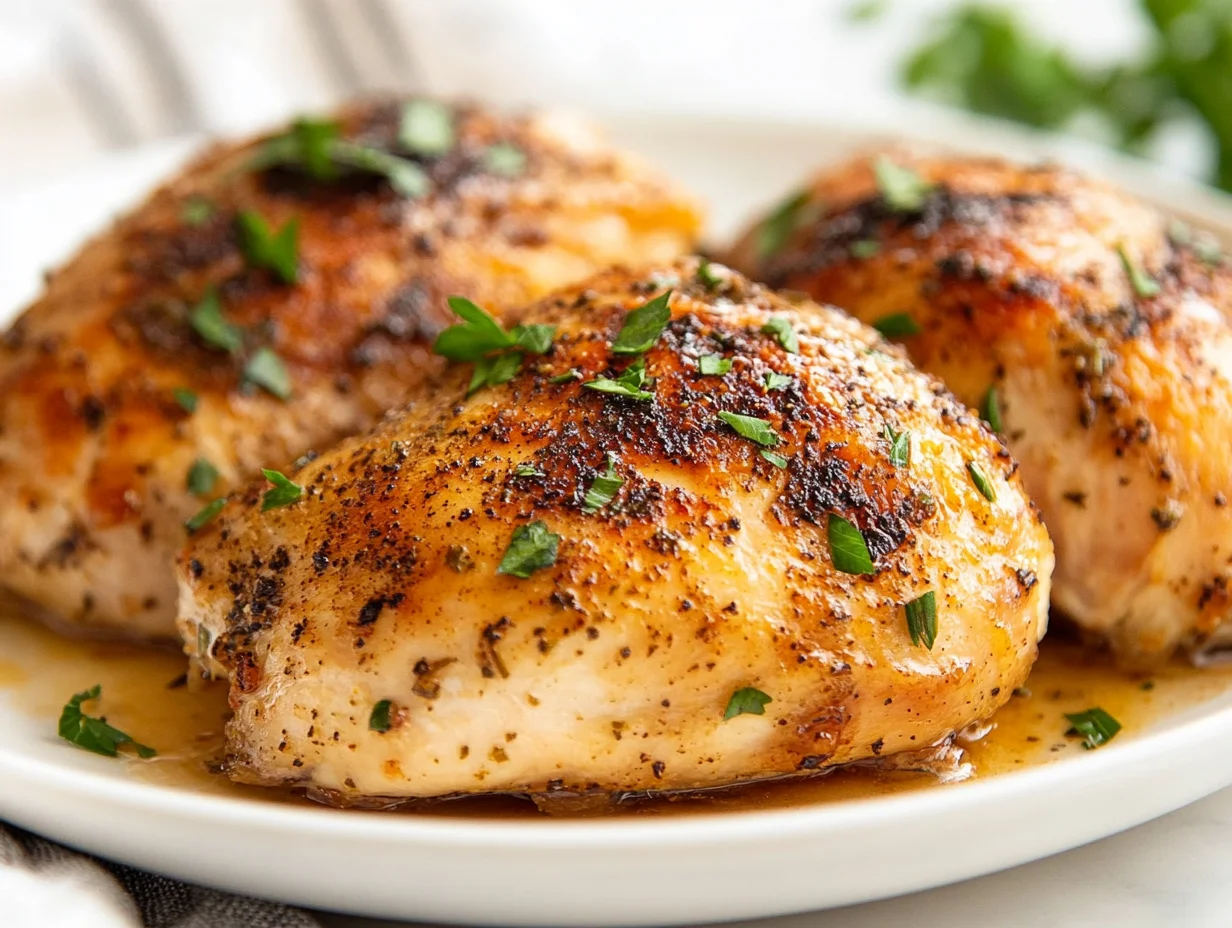 Baked Chicken Breasts On A White Plate, Garnished With Fresh Herbs And Drizzled With Sauce