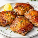 Crispy Baked Chicken Thighs On A White Plate With Parsley Garnish And Lemon Wedges, Golden Skin Close-Up