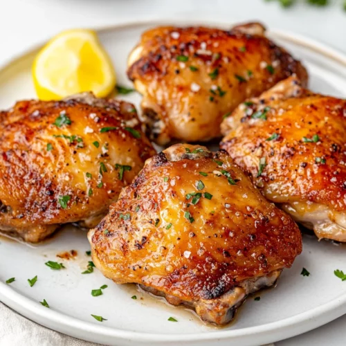 Easy Baked Chicken Thighs Recipe With Crispy Skin In The Oven 3 Crispy Baked Chicken Thighs On A White Plate With Parsley Garnish And Lemon Wedges, Golden Skin Close-Up