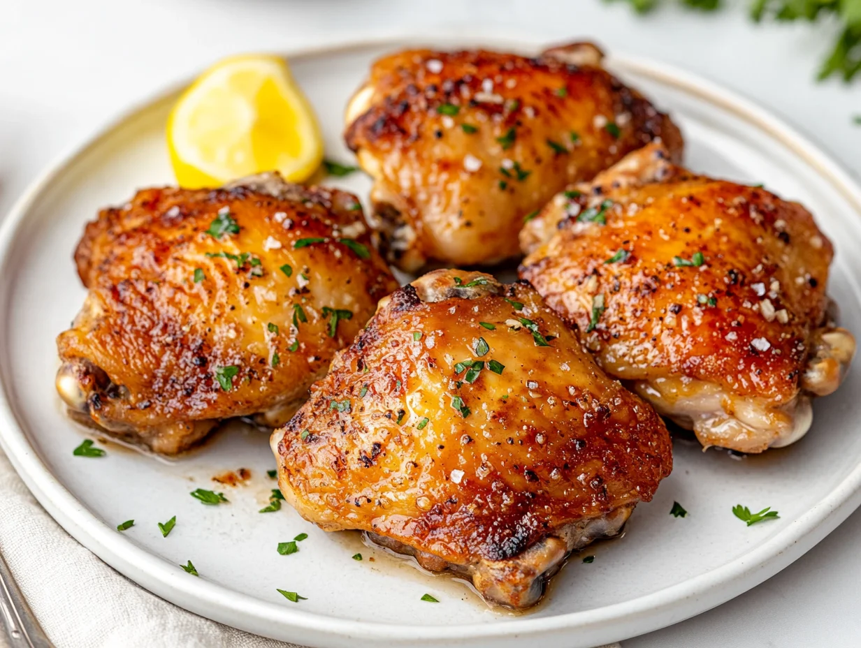 Crispy Baked Chicken Thighs On A White Plate With Parsley Garnish And Lemon Wedges, Golden Skin Close-Up