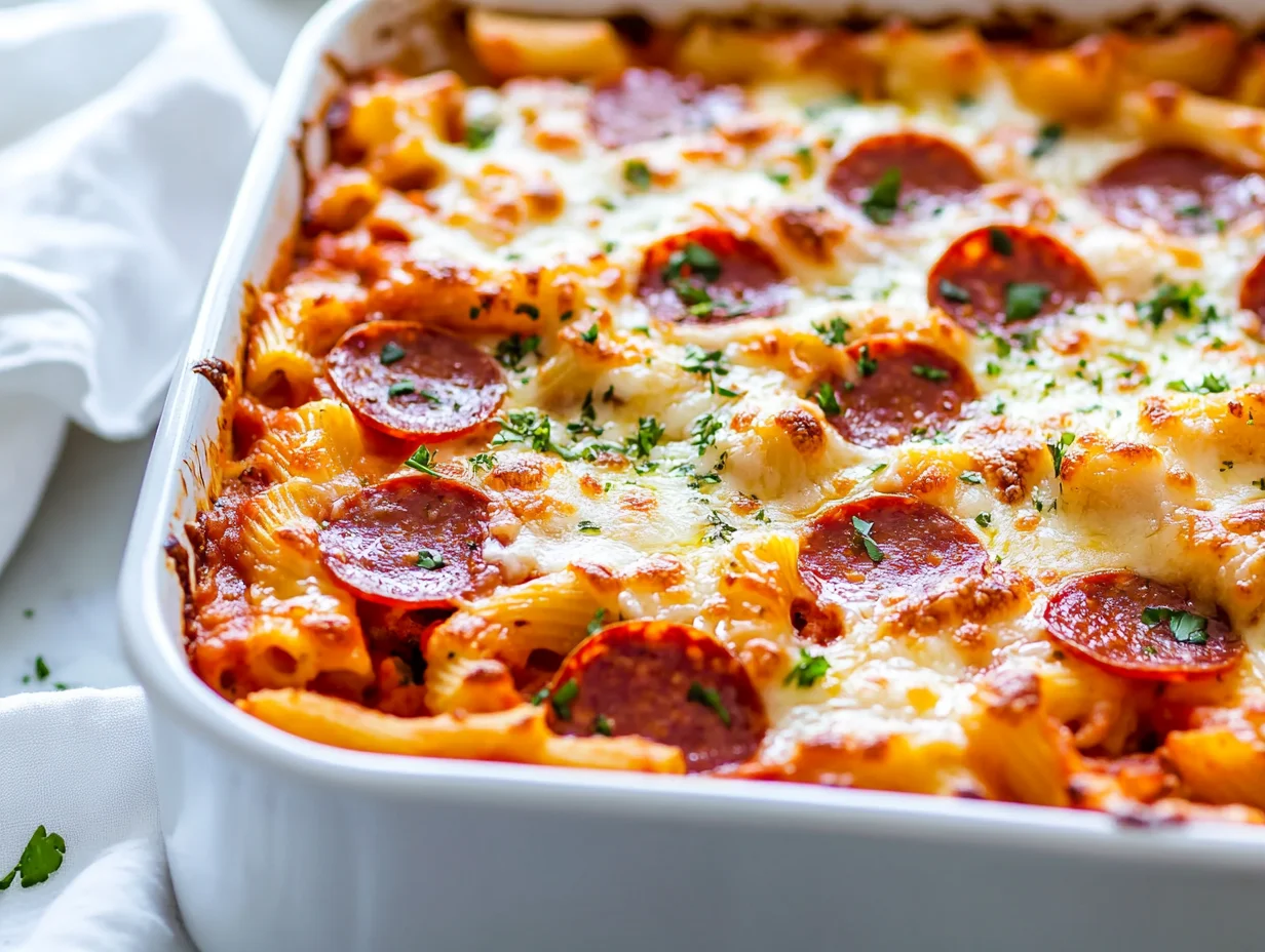 Baked Pizza Pasta In A White Dish Topped With Golden Melted Cheese, Crispy Pepperoni, And Fresh Parsley, Served With A Spoon.