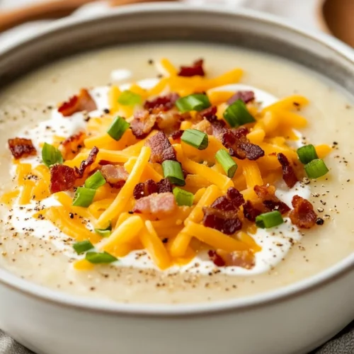Bowl Of Baked Potato Soup Topped With Cheese, Bacon, And Green Onions, Served In A White Bowl With Sour Cream