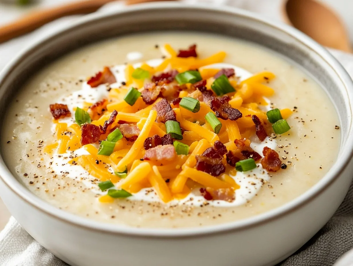 Bowl Of Baked Potato Soup Topped With Cheese, Bacon, And Green Onions, Served In A White Bowl With Sour Cream