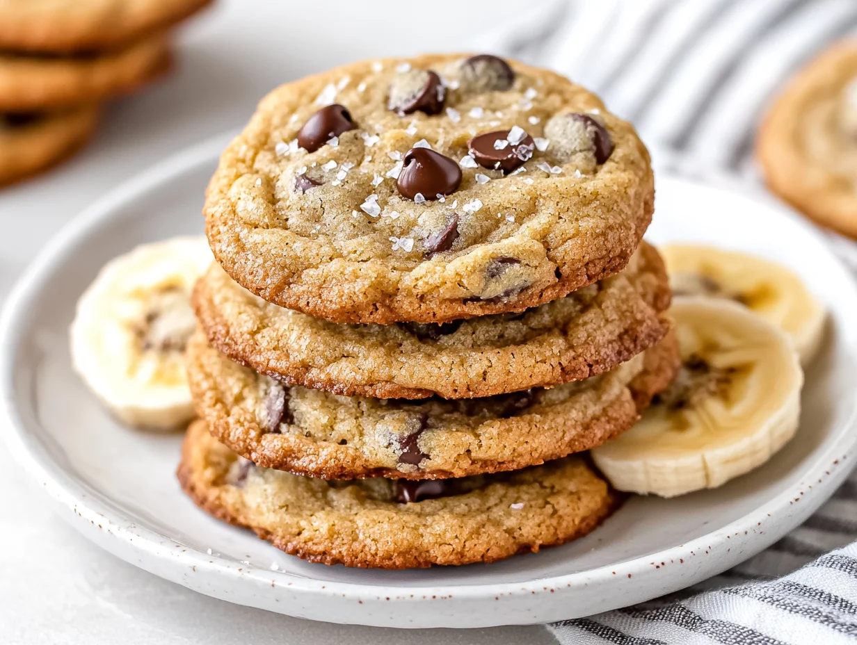 Stack Of Banana Chocolate Chip Cookies On A White Plate, Garnished With Banana Slices And Flaky Sea Salt