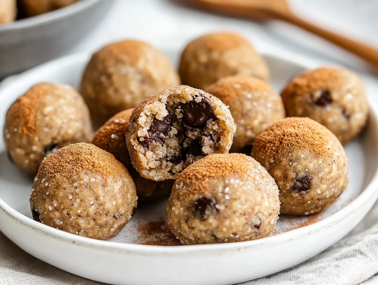 Cinnamon-Coated Banana Protein Balls On A White Plate With Chocolate Chips And A Wooden Spoon Of Cinnamon Sugar Nearby