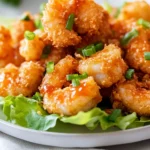 Crispy Bang Bang Shrimp On Lettuce Leaves Drizzled With Sauce, Garnished With Green Onions On A White Plate