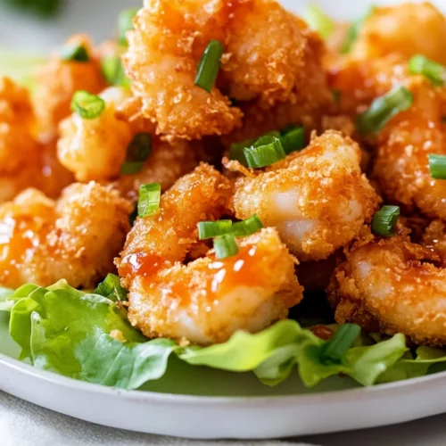 Crispy Bang Bang Shrimp On Lettuce Leaves Drizzled With Sauce, Garnished With Green Onions On A White Plate