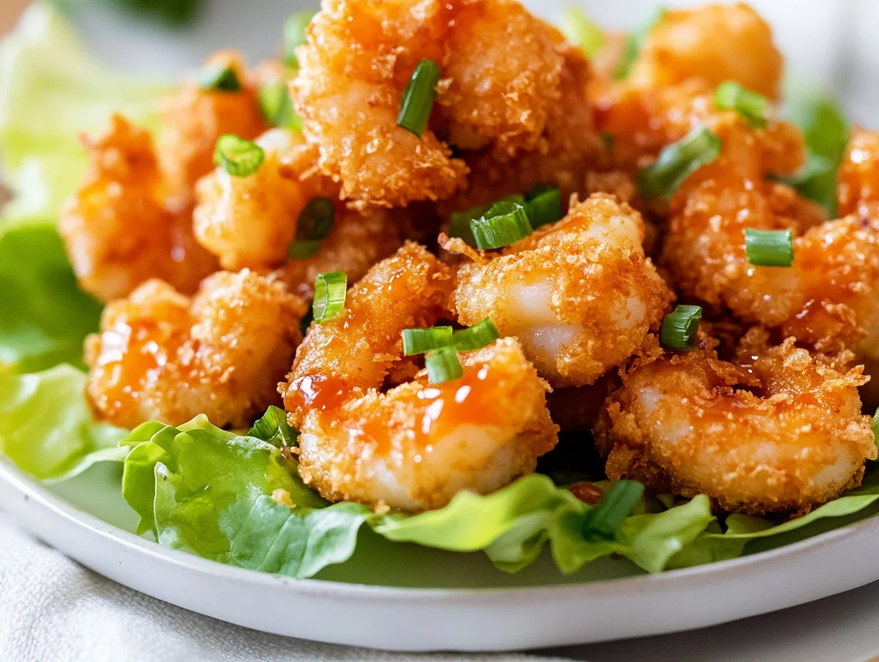 Crispy Bang Bang Shrimp On Lettuce Leaves Drizzled With Sauce, Garnished With Green Onions On A White Plate