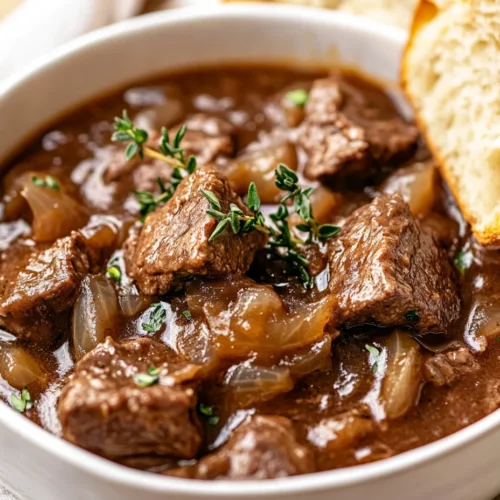 Comforting Belgian Beef Stew Recipe For A Cozy Dinner 3 Hearty Belgian Beef Stew In A White Rustic Bowl, Garnished With Thyme And Parsley, Served With Crusty Bread On A Wooden Table