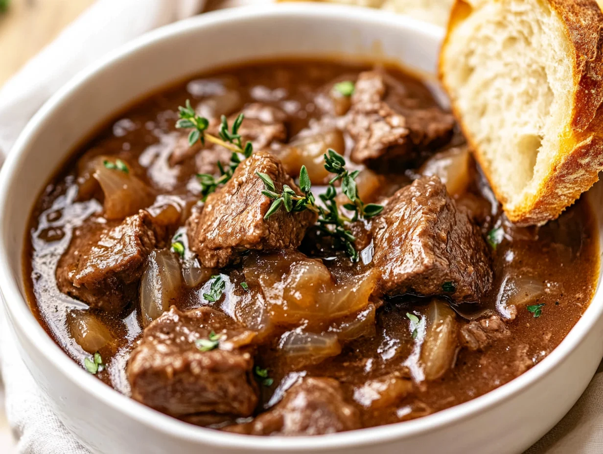 Hearty Belgian Beef Stew In A White Rustic Bowl, Garnished With Thyme And Parsley, Served With Crusty Bread On A Wooden Table