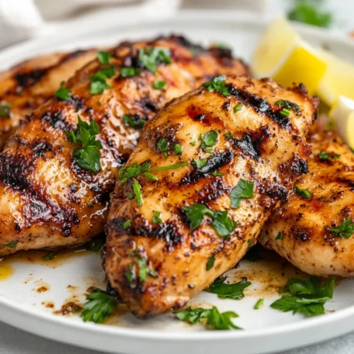 The Best Chicken Marinade: Perfect For Grilling And Meal Prep 3 Grilled Chicken Breast Marinated In The Best Chicken Marinade On A White Plate, Garnished With Parsley And Lemon Wedges