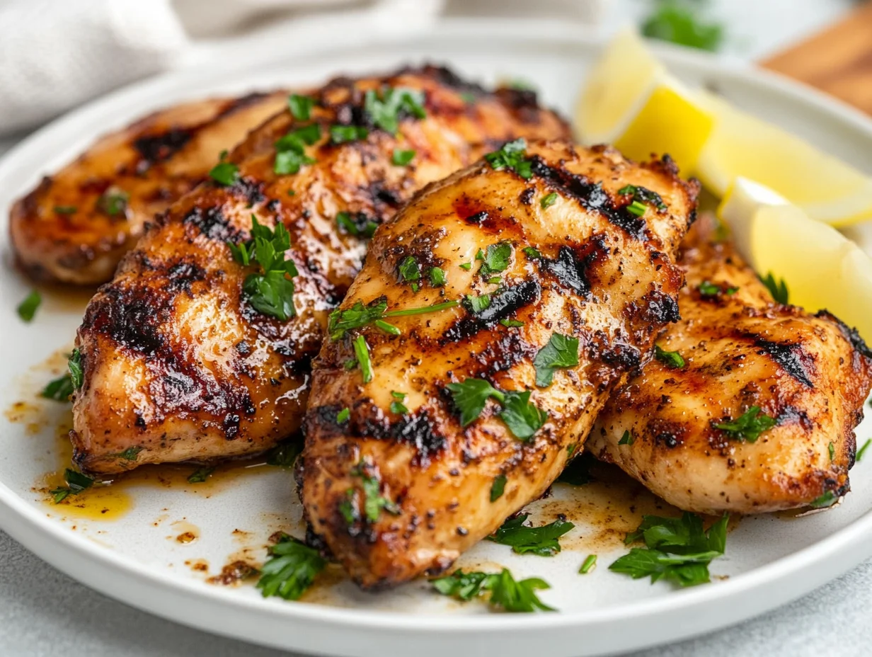 Grilled Chicken Breast Marinated In The Best Chicken Marinade On A White Plate, Garnished With Parsley And Lemon Wedges