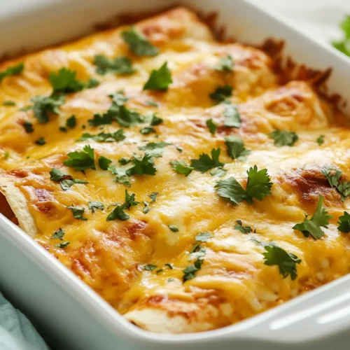 Appetizing Breakfast Enchiladas Casserole Topped With Melted Cheese And Cilantro In A White Dish