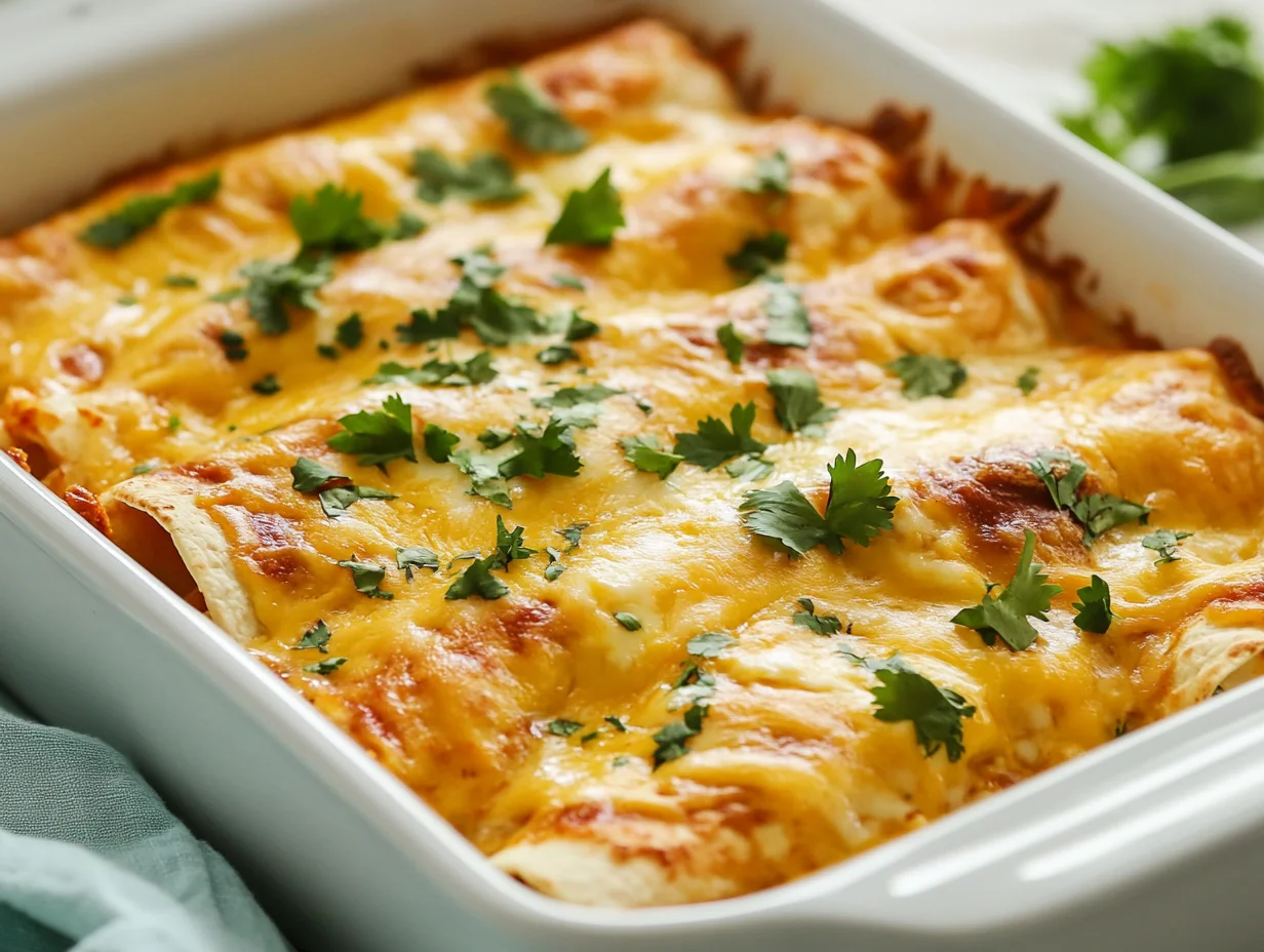 Appetizing Breakfast Enchiladas Casserole Topped With Melted Cheese And Cilantro In A White Dish