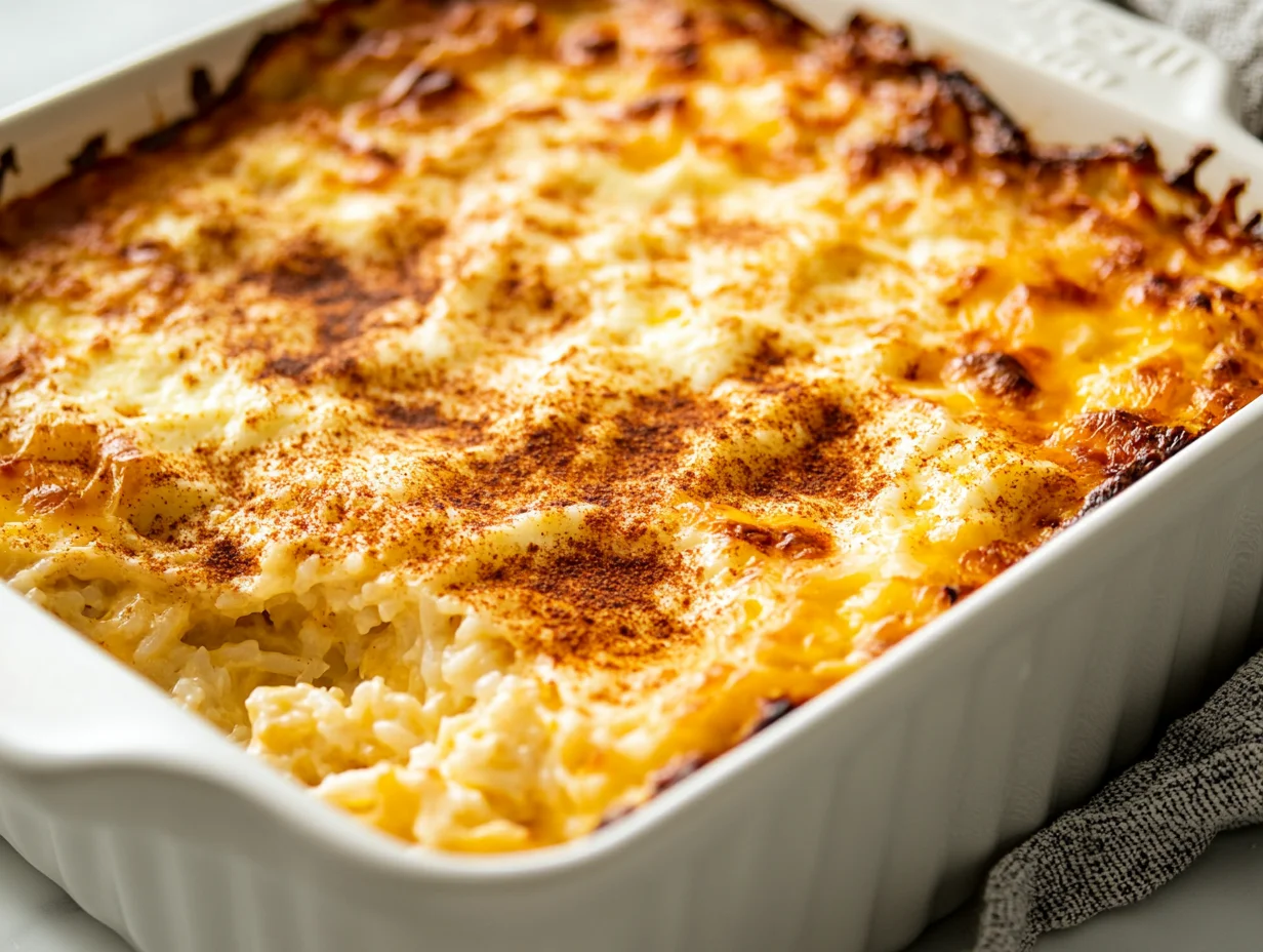 Cheesy Brunch Casserole In A White Baking Dish, Topped With Paprika And Served In Soft Lighting