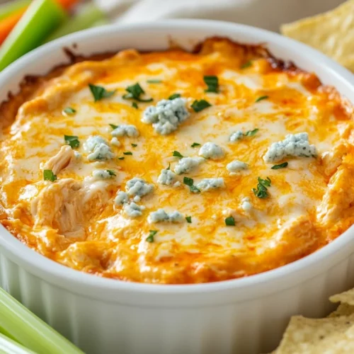 Easy Buffalo Chicken Dip With Rotisserie Chicken For Any Occasion 3 Creamy Buffalo Chicken Dip With Rotisserie Chicken Topped With Melted Cheese, Parsley, And Served With Celery, Carrots, And Chips