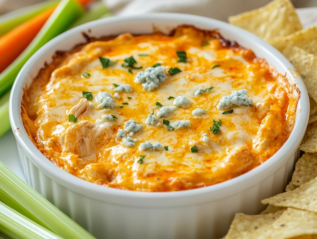 Creamy Buffalo Chicken Dip With Rotisserie Chicken Topped With Melted Cheese, Parsley, And Served With Celery, Carrots, And Chips
