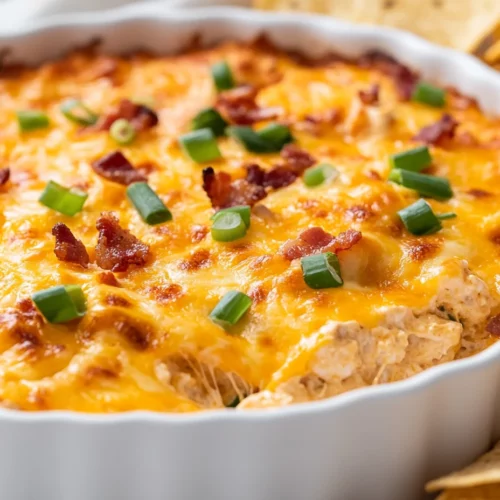 Close-Up Of Cheesy Buffalo Ranch Chicken Dip In A White Dish Topped With Green Onions And Bacon, Served With Tortilla Chips.