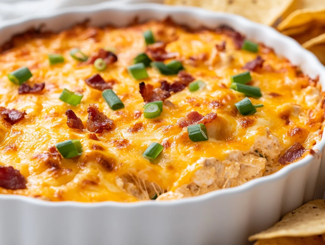 Close-Up Of Cheesy Buffalo Ranch Chicken Dip In A White Dish Topped With Green Onions And Bacon, Served With Tortilla Chips.