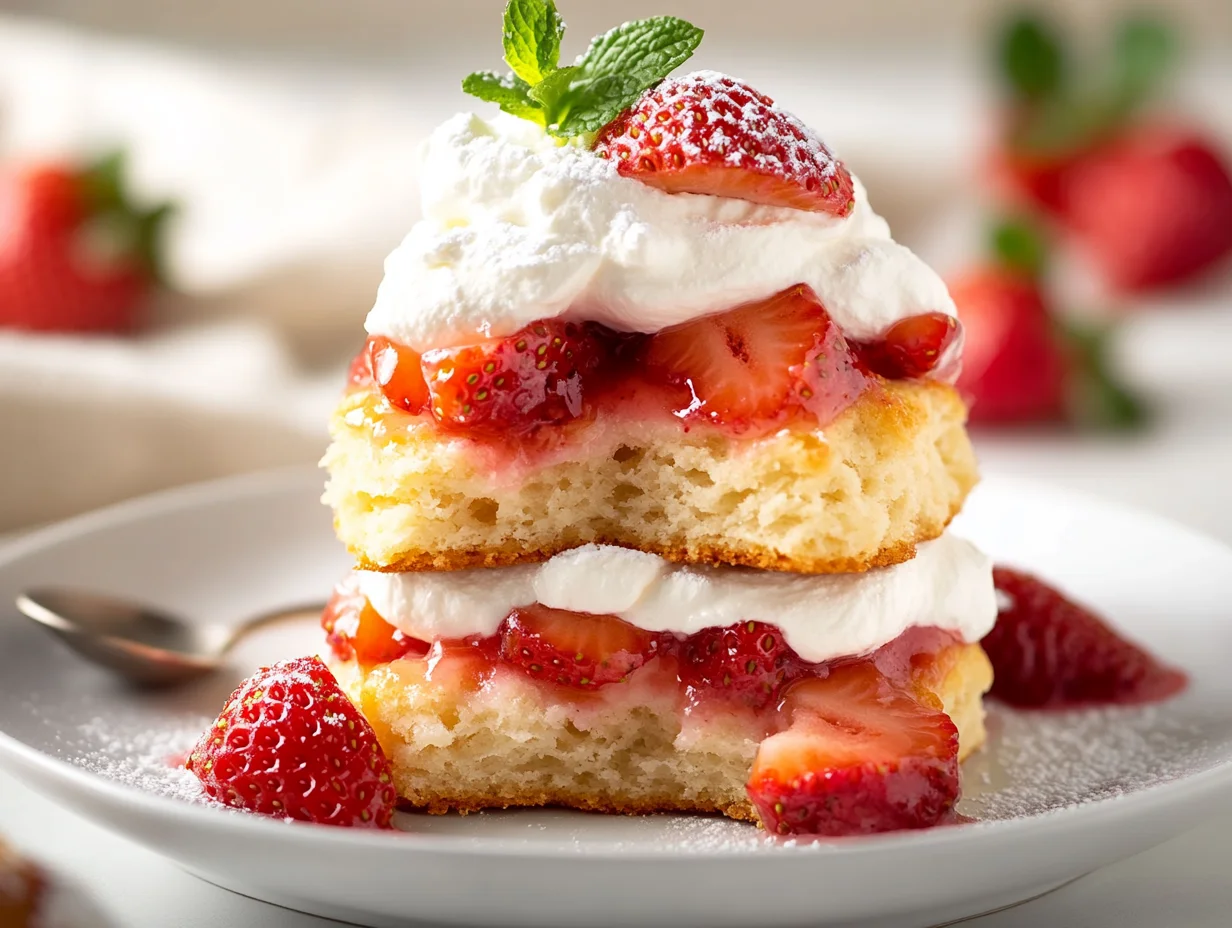 Buttermilk Strawberry Shortcake Piled High With Macerated Strawberries And Whipped Cream On A White Plate