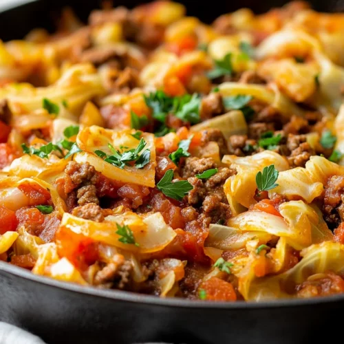 Cabbage And Ground Beef Skillet Served In A Cast Iron Pan Garnished With Fresh Parsley, Showcasing Vibrant Tomatoes.