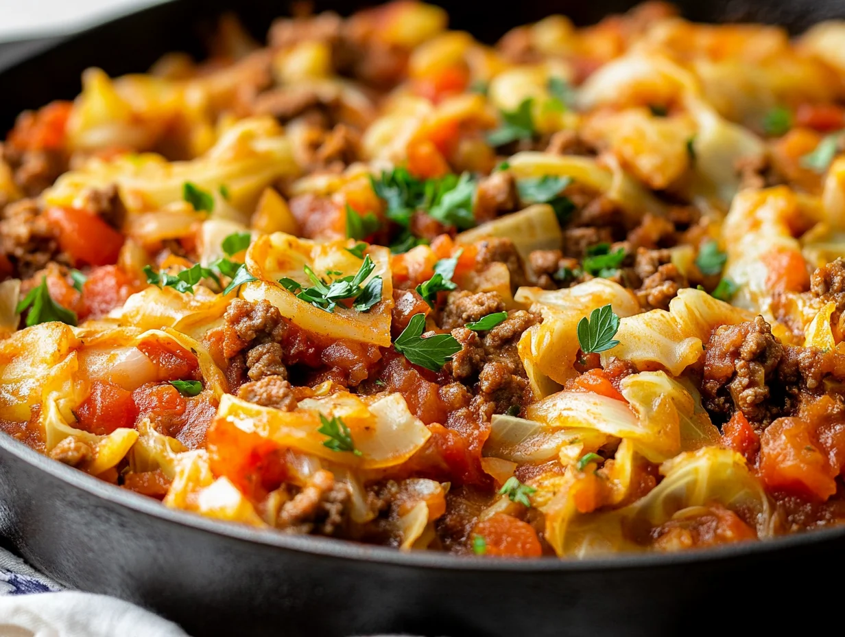 Cabbage And Ground Beef Skillet Served In A Cast Iron Pan Garnished With Fresh Parsley, Showcasing Vibrant Tomatoes.