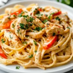 Creamy Cajun Chicken Pasta On A White Plate, Garnished With Fresh Parsley And Colorful Bell Peppers
