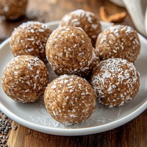 Chai Energy Balls: The Perfect Healthy No-Bake Snack 3 Plate Of Chewy Chai Energy Balls With Coconut Flakes And Chia Seeds, Styled On A Rustic Wooden Table.